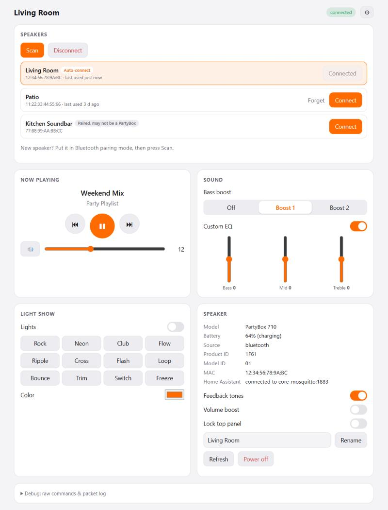 The PartyBox panel in Home Assistant