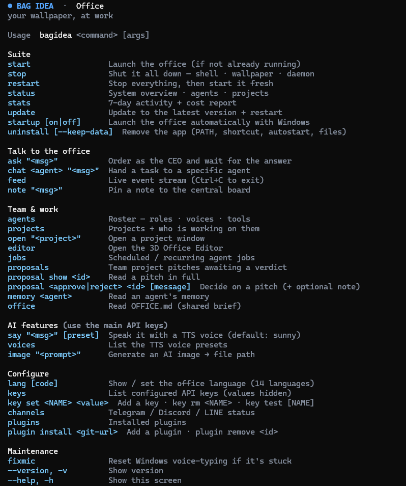The bagidea CLI help
