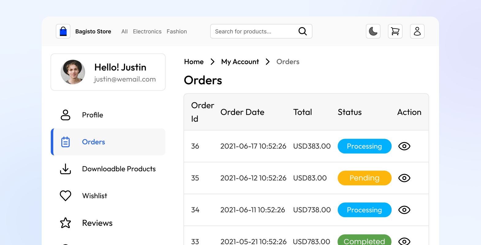 Customer order history