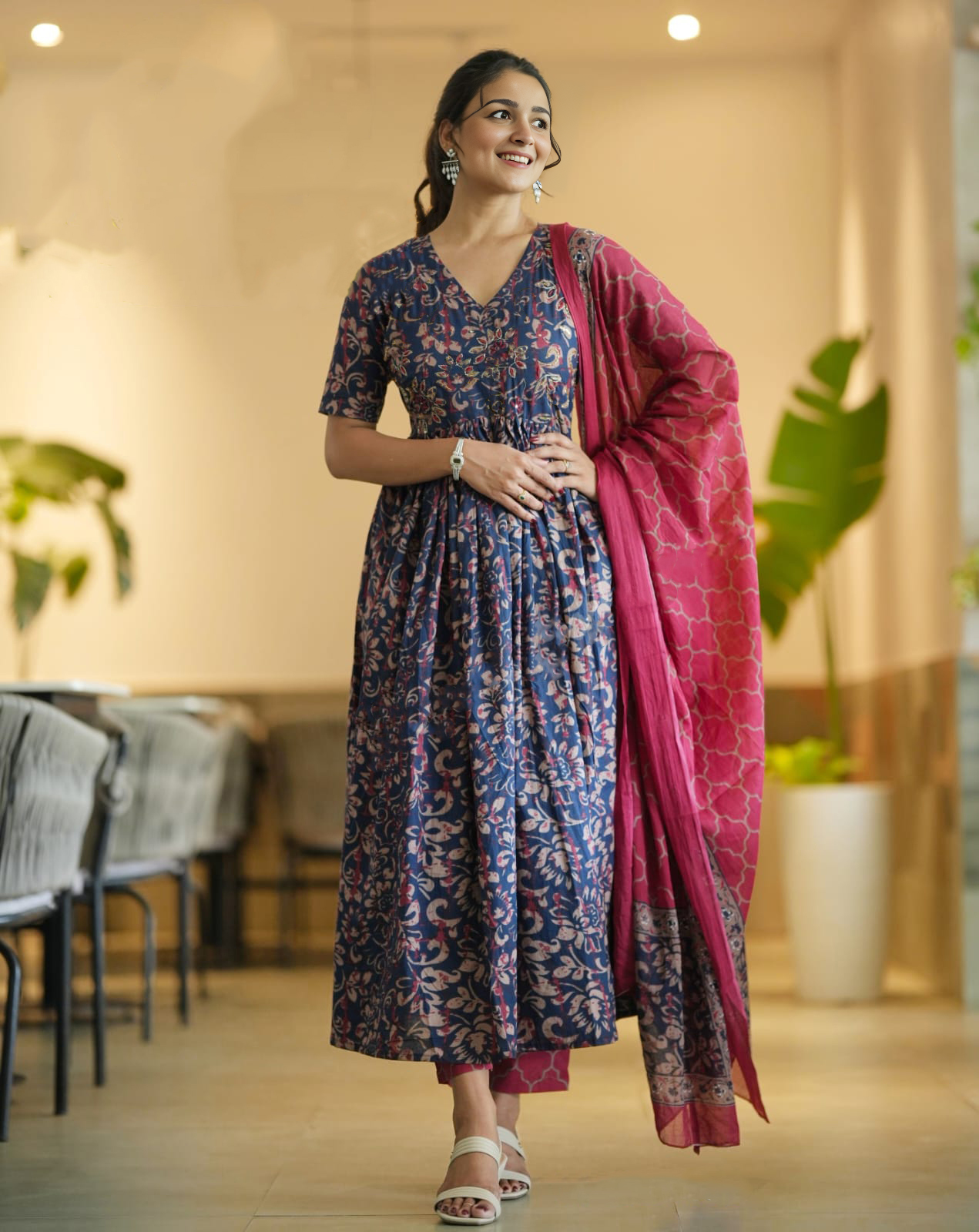 Women Pink Cotton Rayon Anarkali Kurta Set