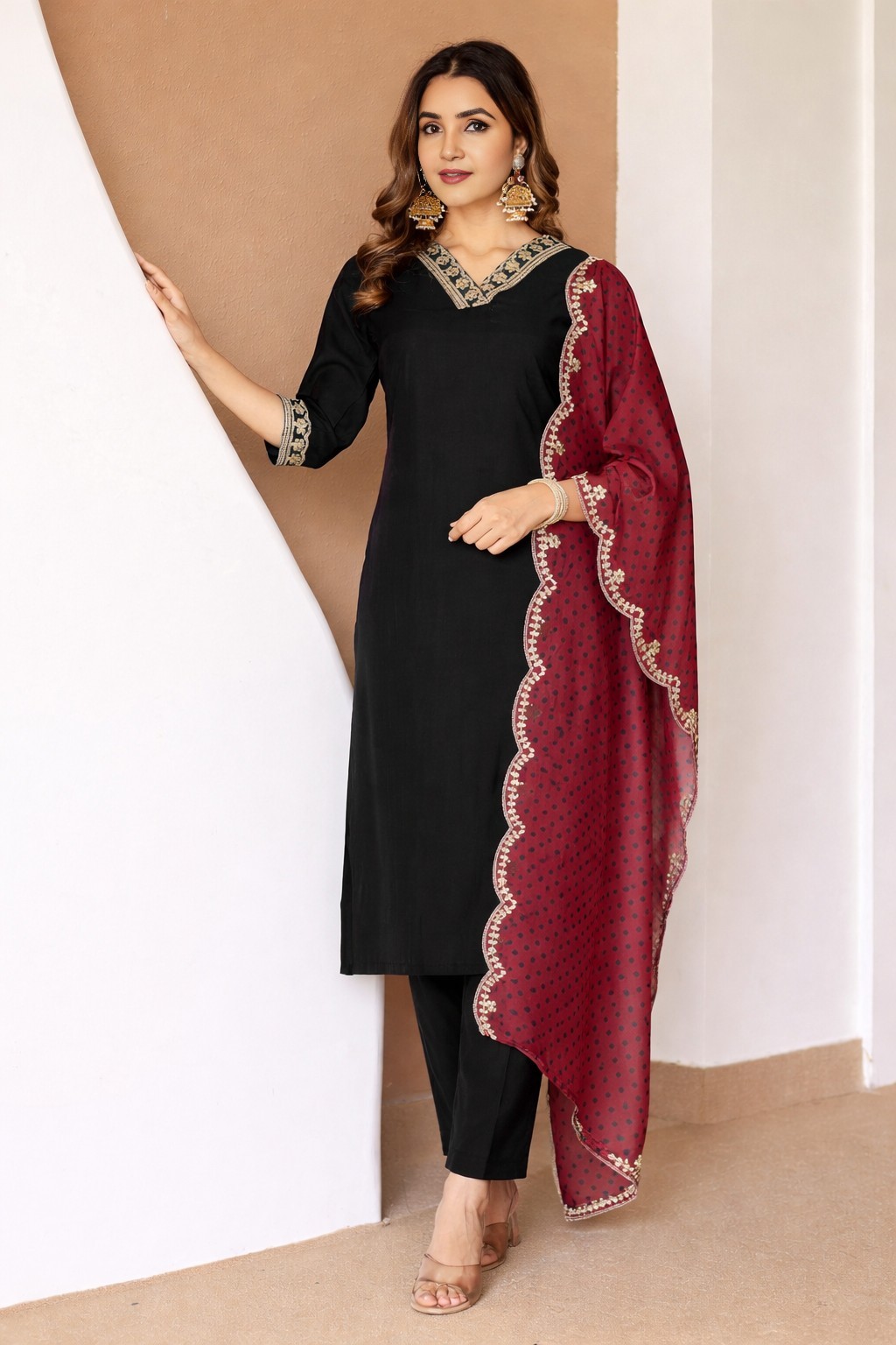 Women Black A-Line Embroidered Rayon