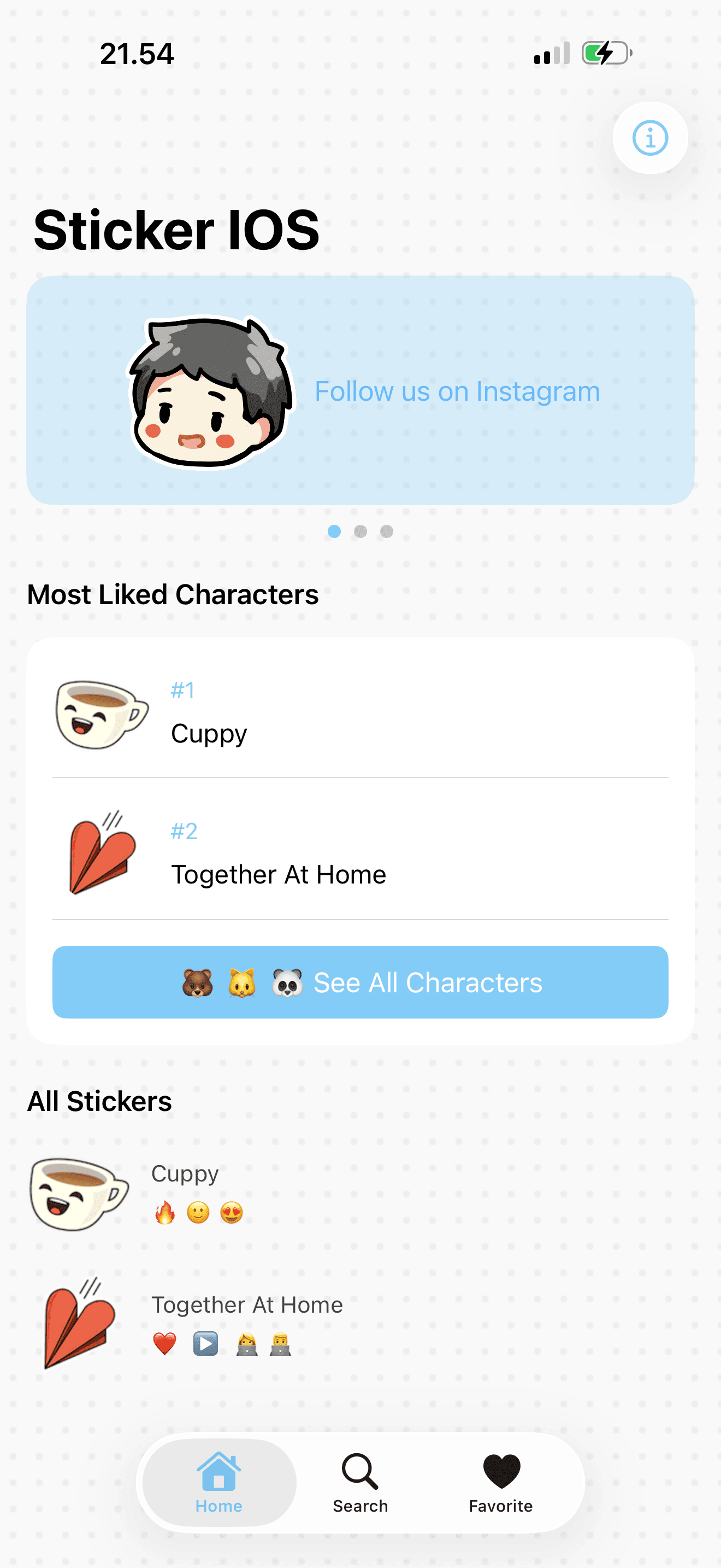 Sticker iOS home screen featuring most liked characters and a list of sticker packs.