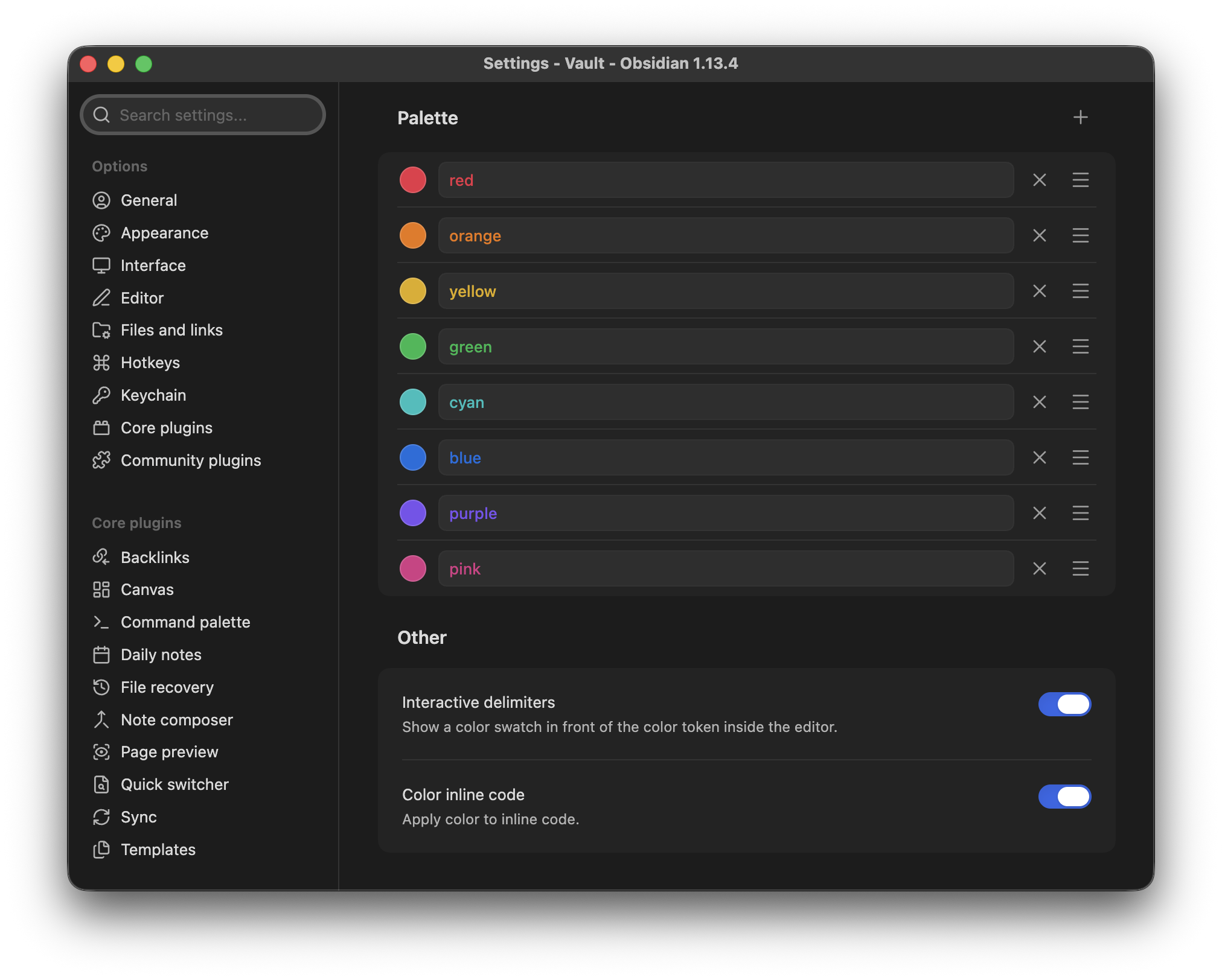The plugin's settings tab: the palette rows and the two switches