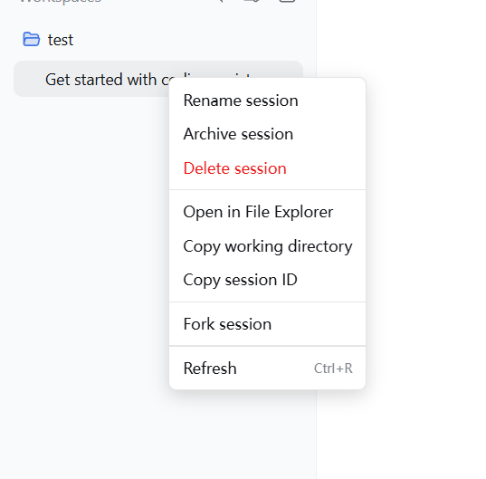 Session context menu with permanent deletion