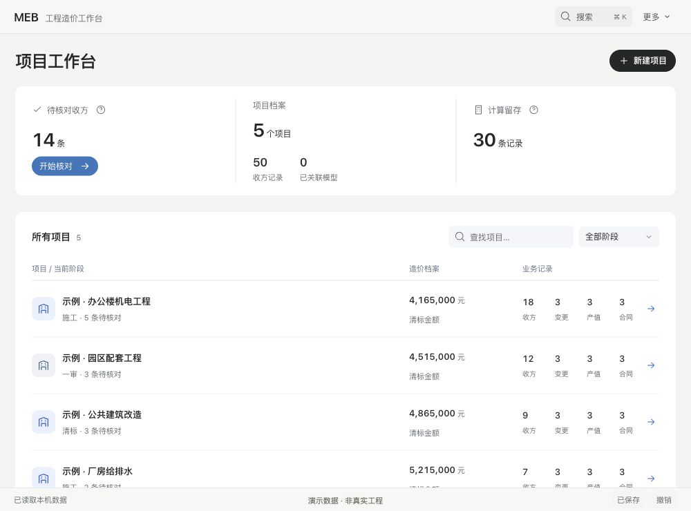MEB 项目工作台实际界面，使用合成演示数据
