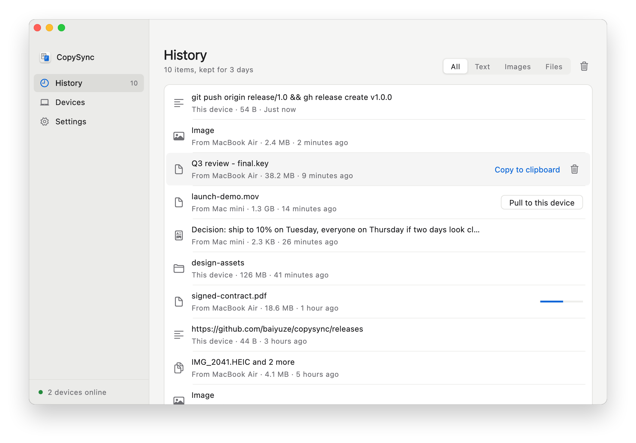 CopySync's history view: files, images and text arriving from other Macs