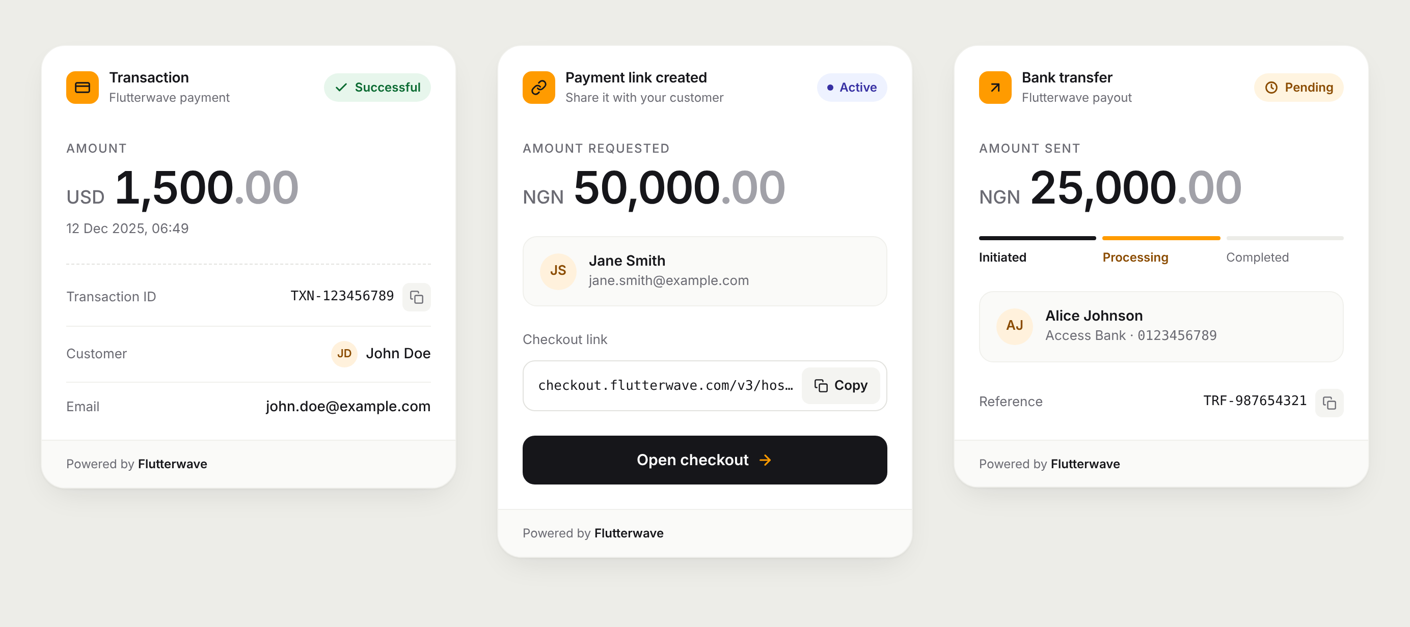 Flutterwave MCP-UI components: transaction, payment link and transfer cards