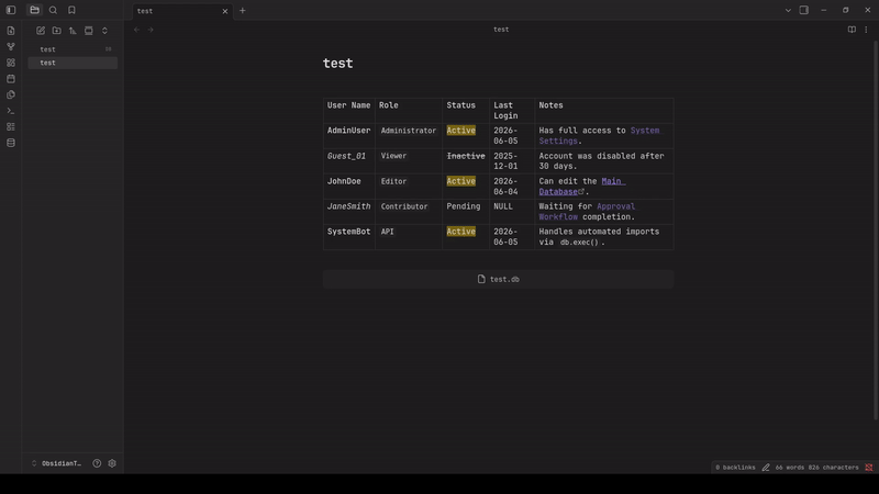 Obsidian SQLite Demo