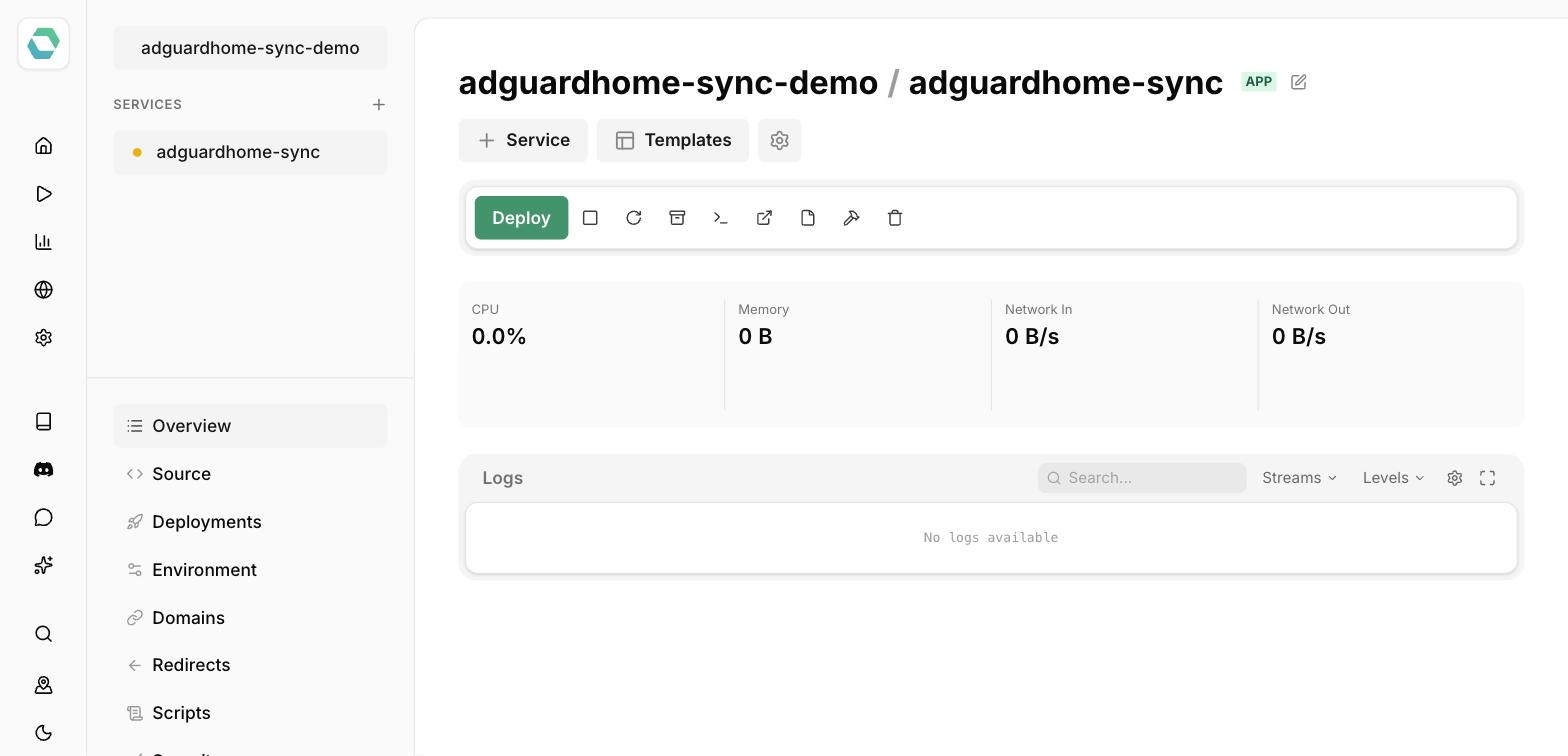 adguardhome-sync deployed on Easypanel