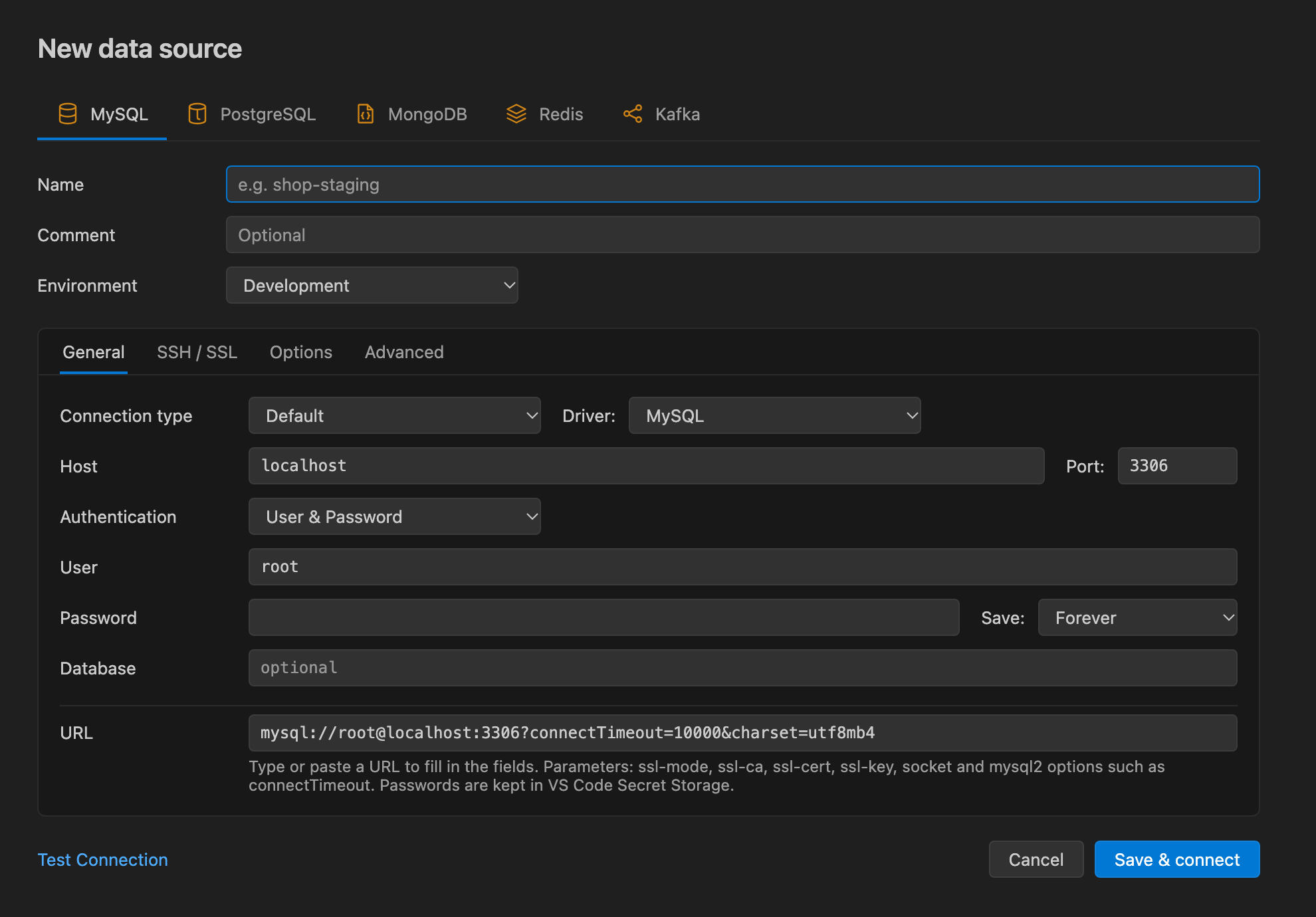 The New data source form for MySQL: name, environment, host, port, user, password and connection URL, with tabs for SSH / SSL, options and advanced settings