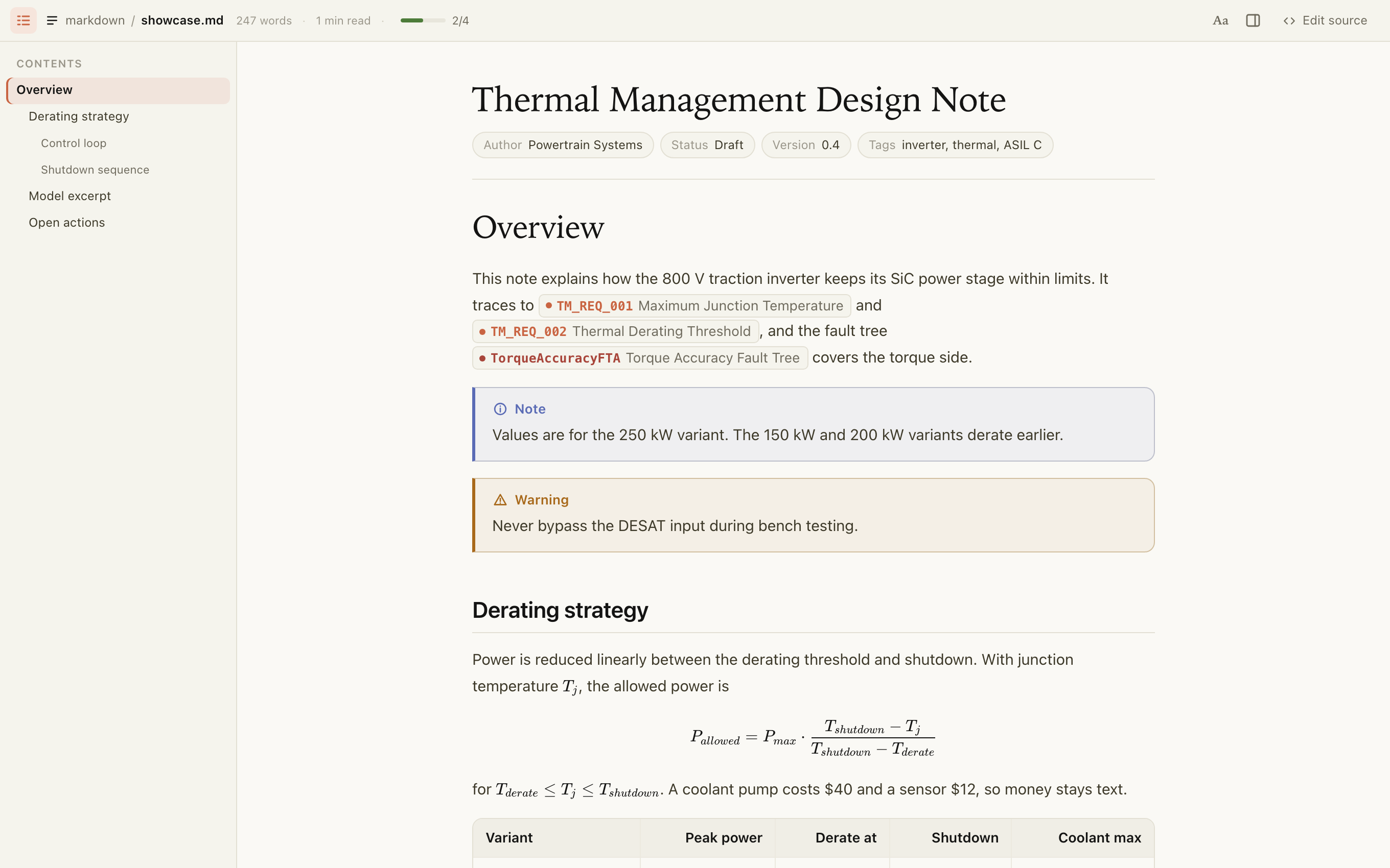 Markdown reading view with front matter, callouts and live Sylang references