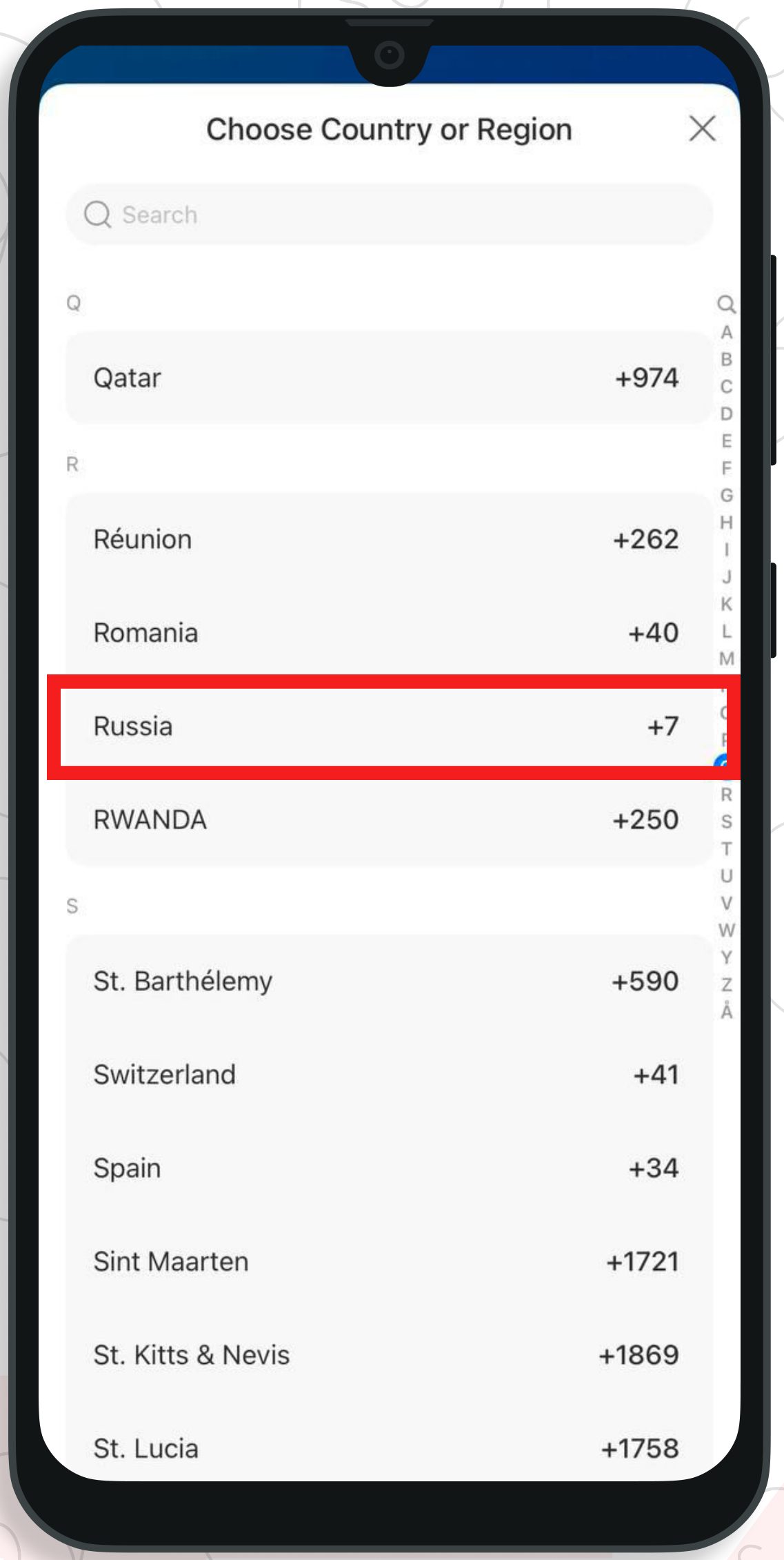 Выбор страны: список Choose Country с подсветом Russia +7