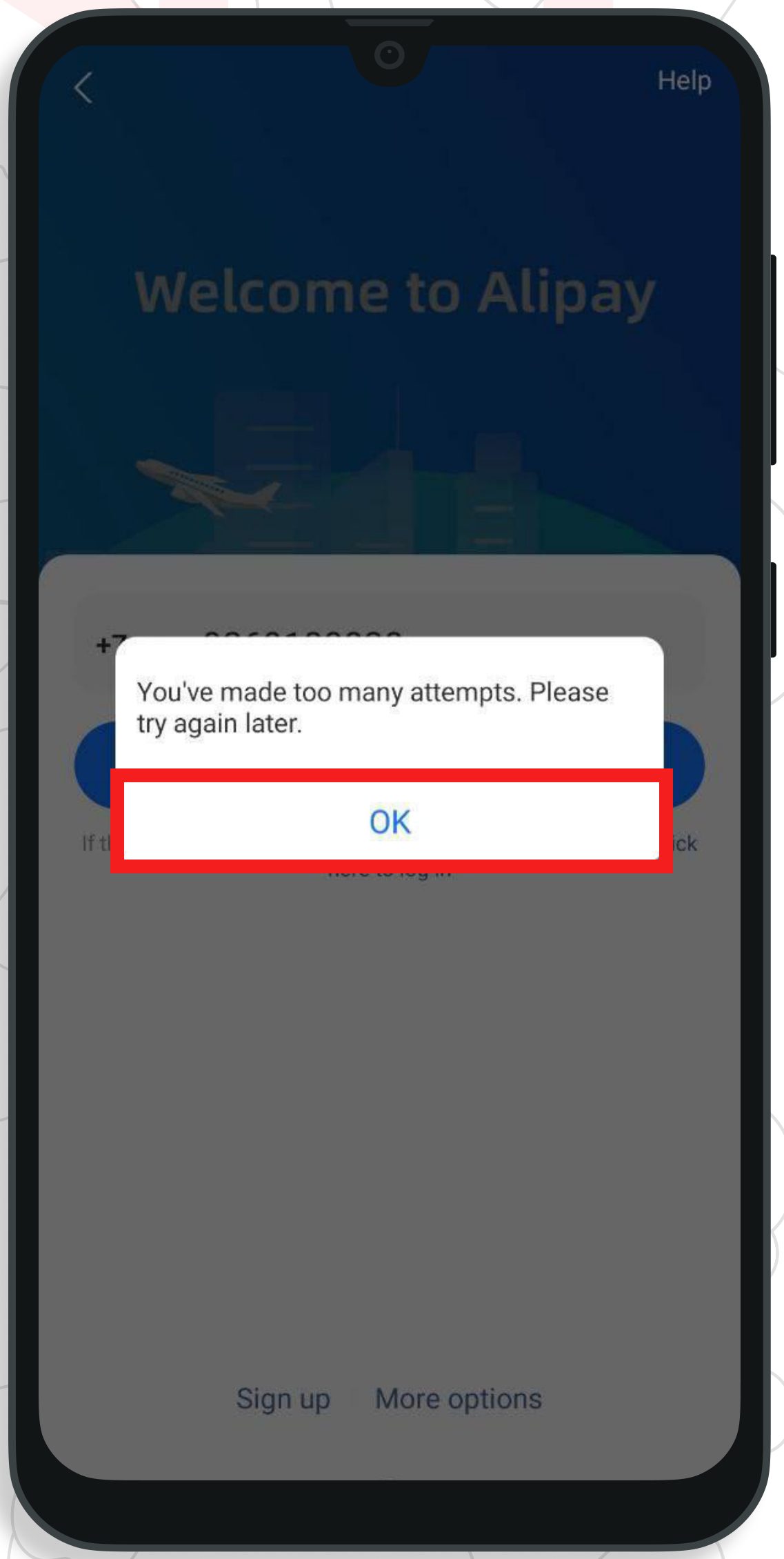 Экран Welcome to Alipay с опциями Sign up и Try another method