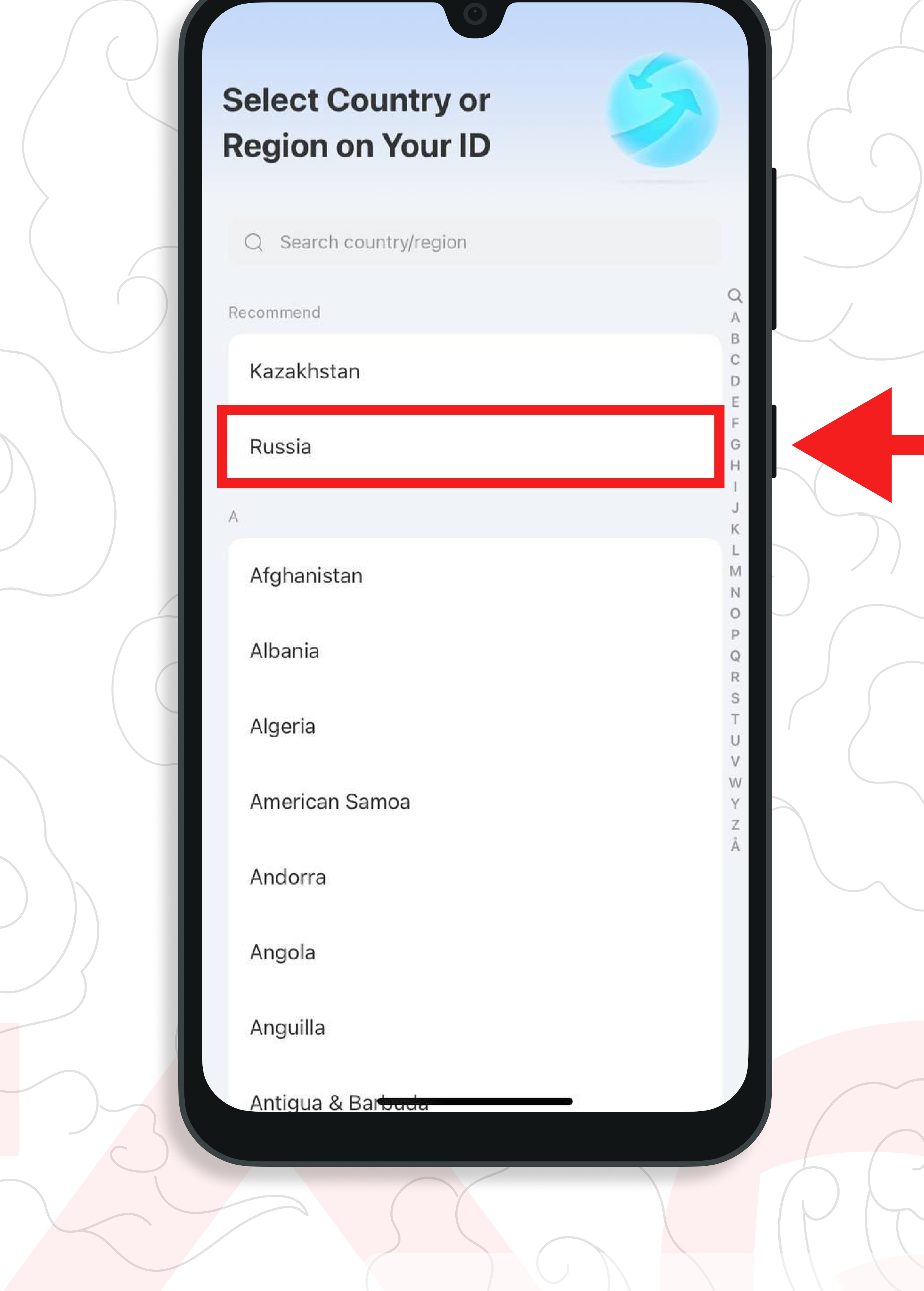 Select Country or Region on Your ID, Russia в красной рамке