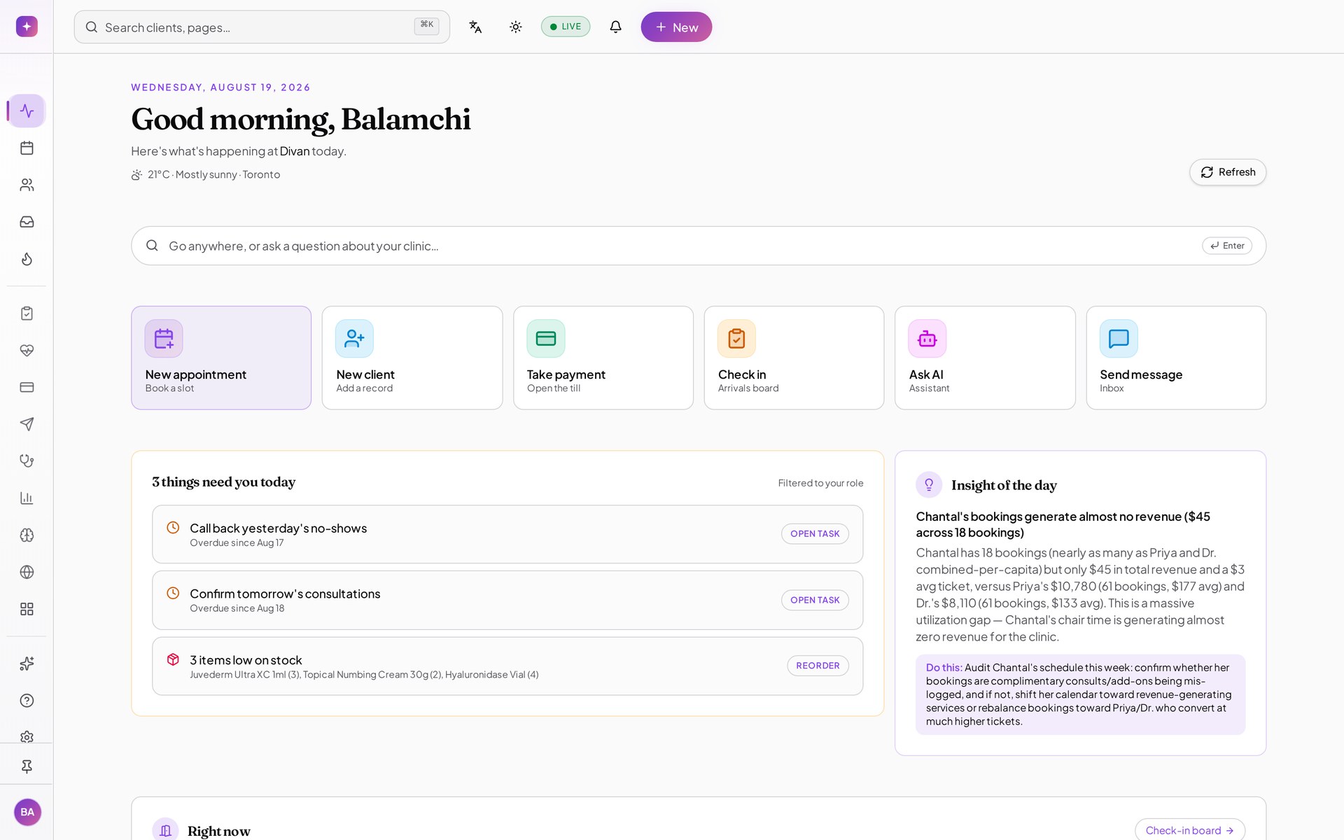 The ClinicPro dashboard: revenue today, appointments, what needs attention, and the day's schedule