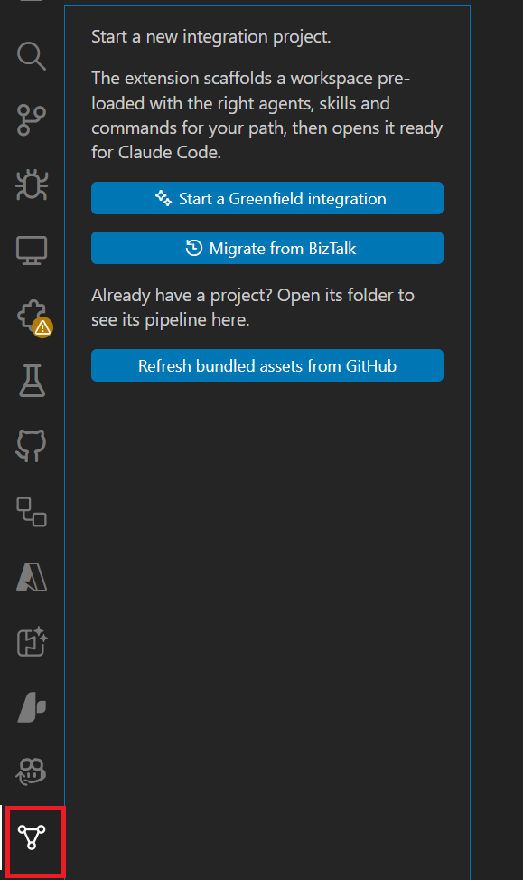 The no-workspace launcher with Greenfield and BizTalk migration buttons