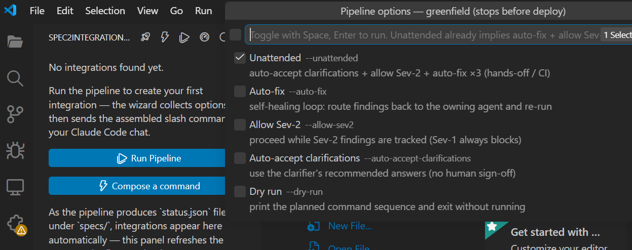 Run Pipeline option checkboxes — unattended, auto-fix, allow Sev-2, auto-accept clarifications, dry-run