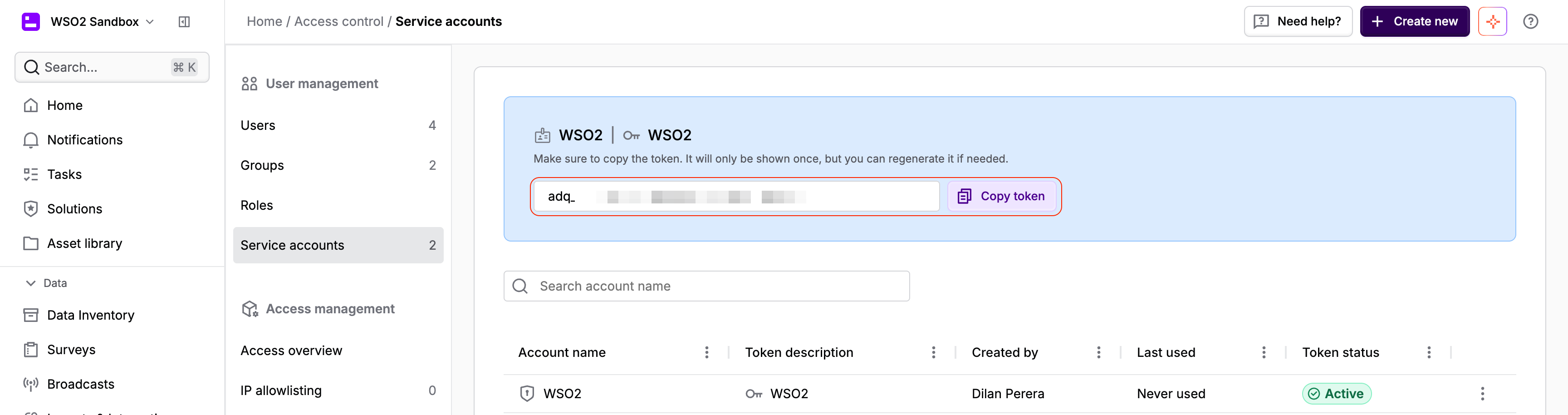 Copy the generated API token