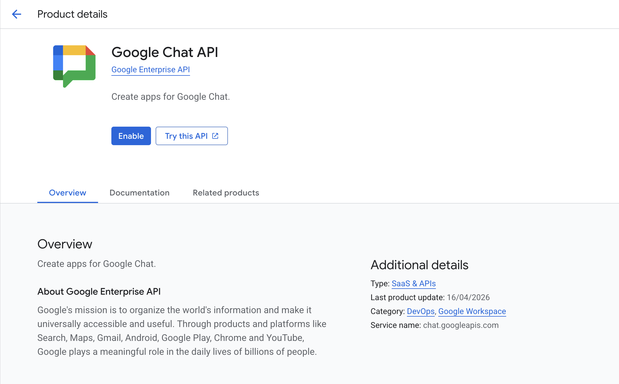 Enable Google Chat API