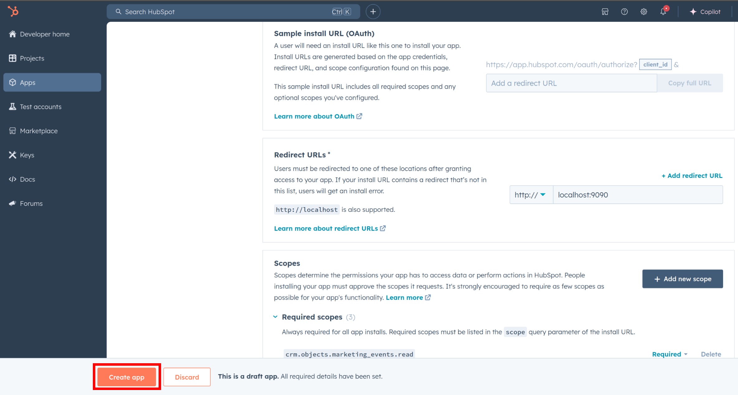 Hubspot Create Developer App