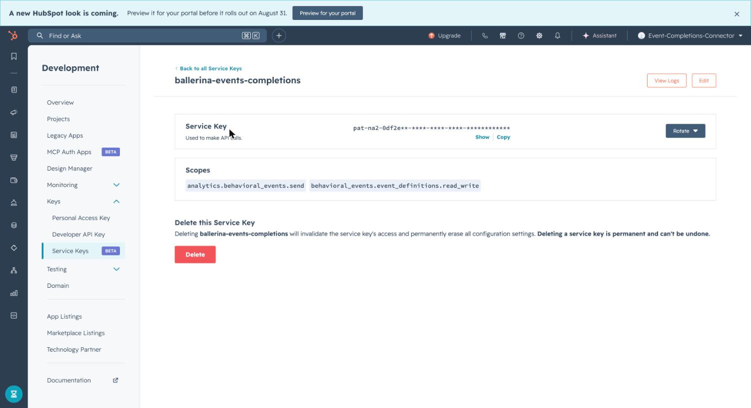 Service key created with scopes assigned