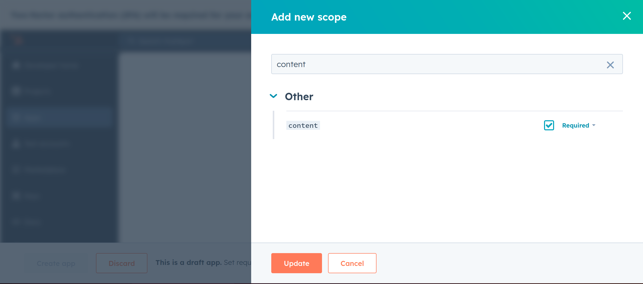 Hubspot Developer App Add Scopes