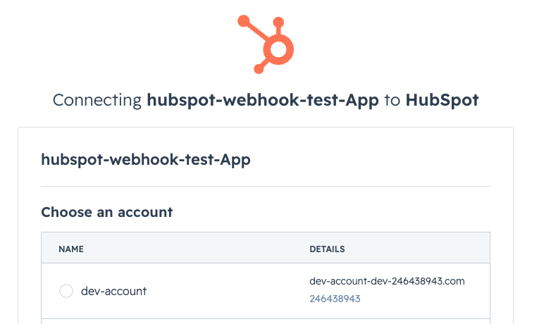 HubSpot OAuth authorization screen showing the test account