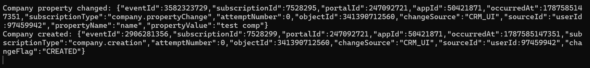 Ballerina console output showing a real HubSpot webhook event dispatched successfully