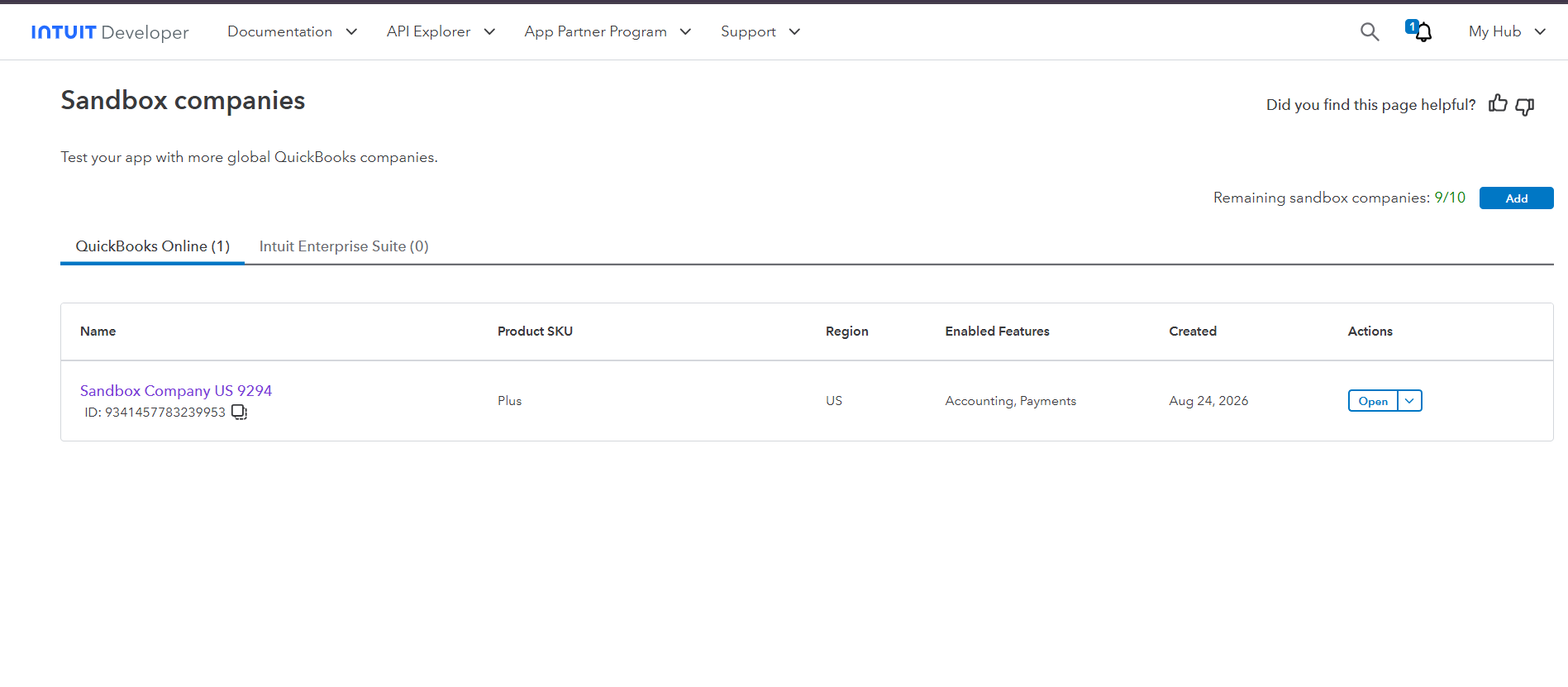 Intuit Developer Sandbox companies page showing an auto-created sandbox company