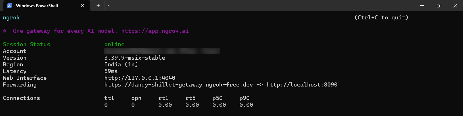 ngrok forwarding a public URL to localhost:8090