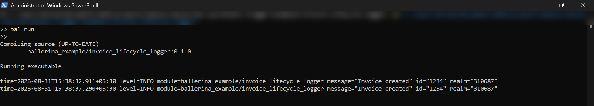 Ballerina console output showing a real QuickBooks webhook event dispatched successfully