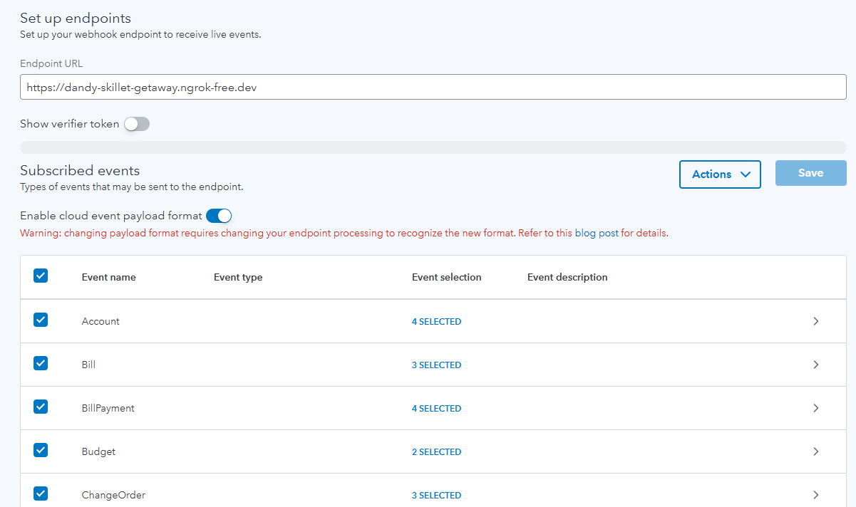 QuickBooks app Webhooks tab with the endpoint URL, CloudEvents payload format, and subscribed entities configured