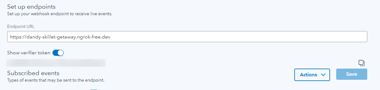 QuickBooks app Webhooks tab with the verifier token revealed (value blurred)