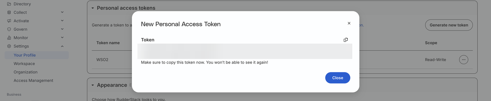 Copy the personal access token