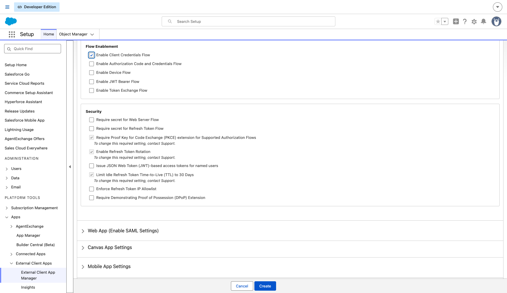 Flow enablement and security settings