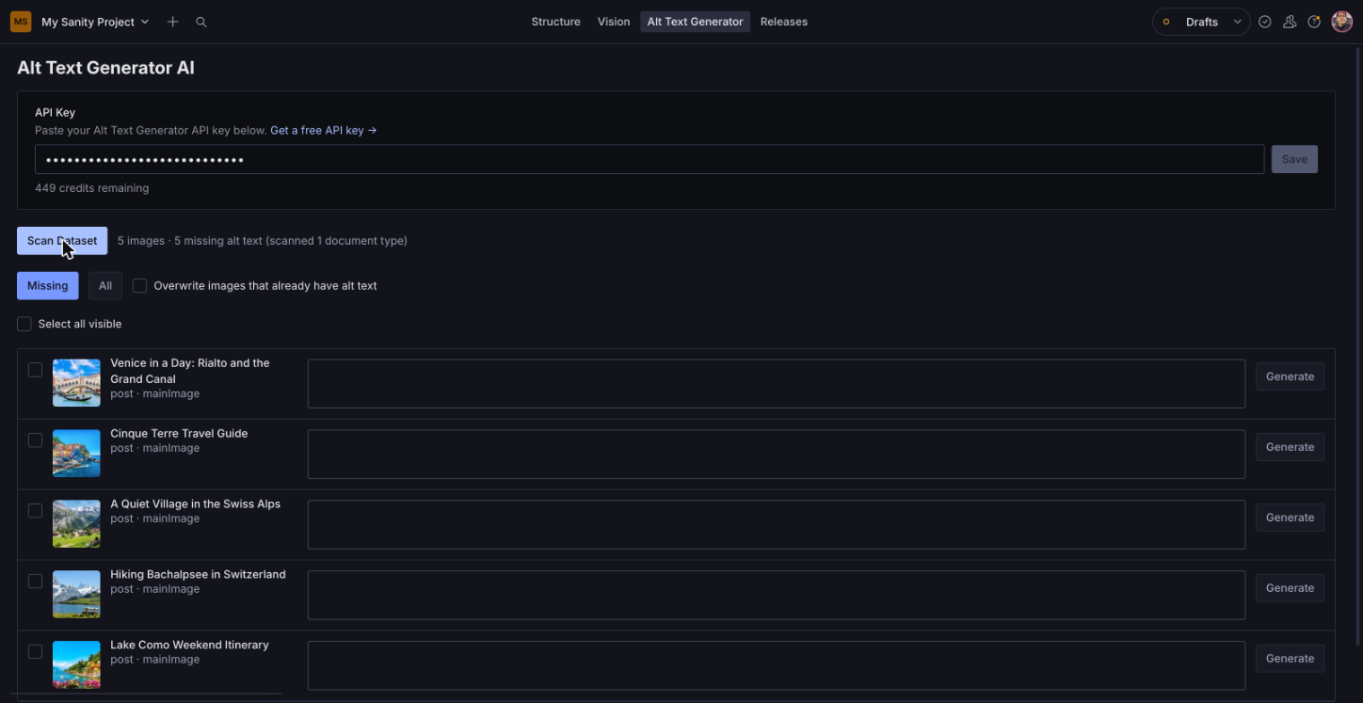 Bulk dashboard listing images with missing alt text