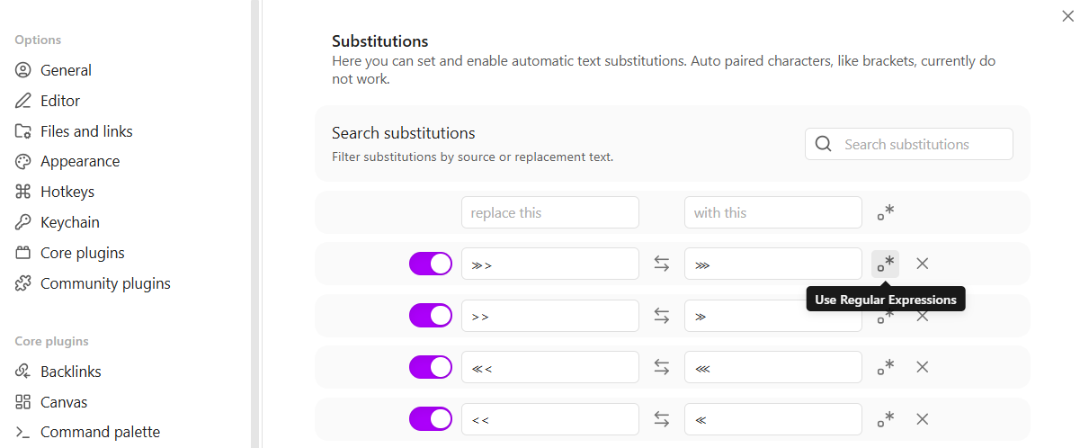 Substitutions settings overview