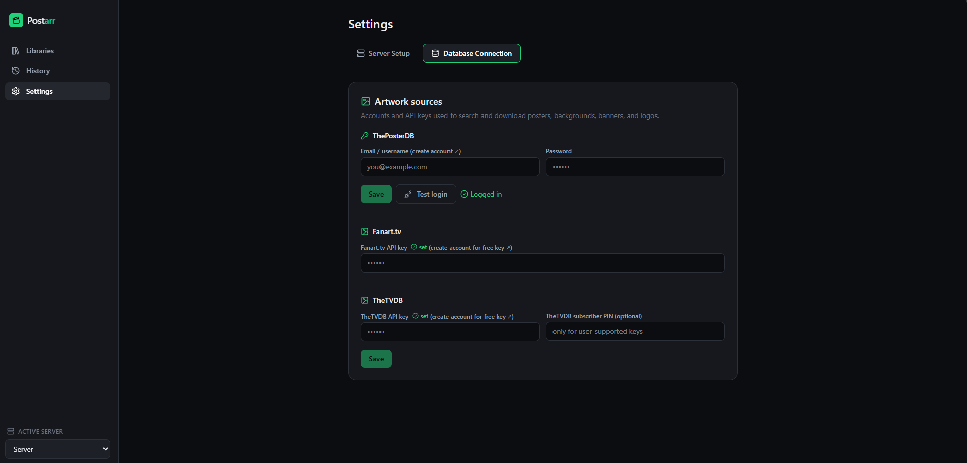 Settings — artwork source accounts and API keys