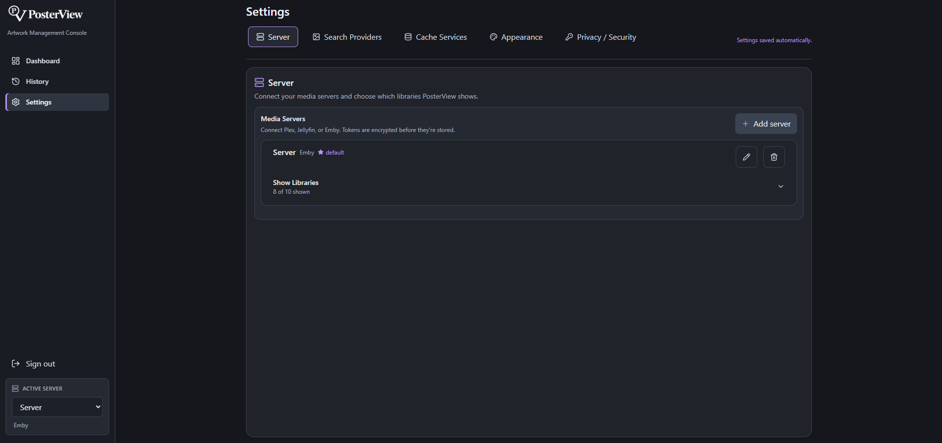 Settings — media server setup