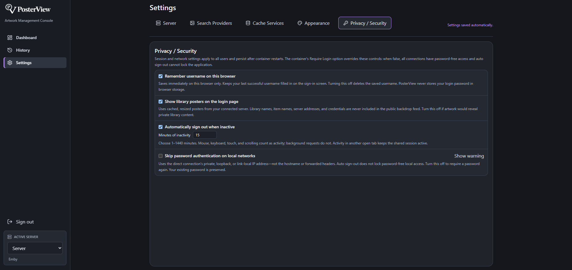 Settings — privacy and security controls