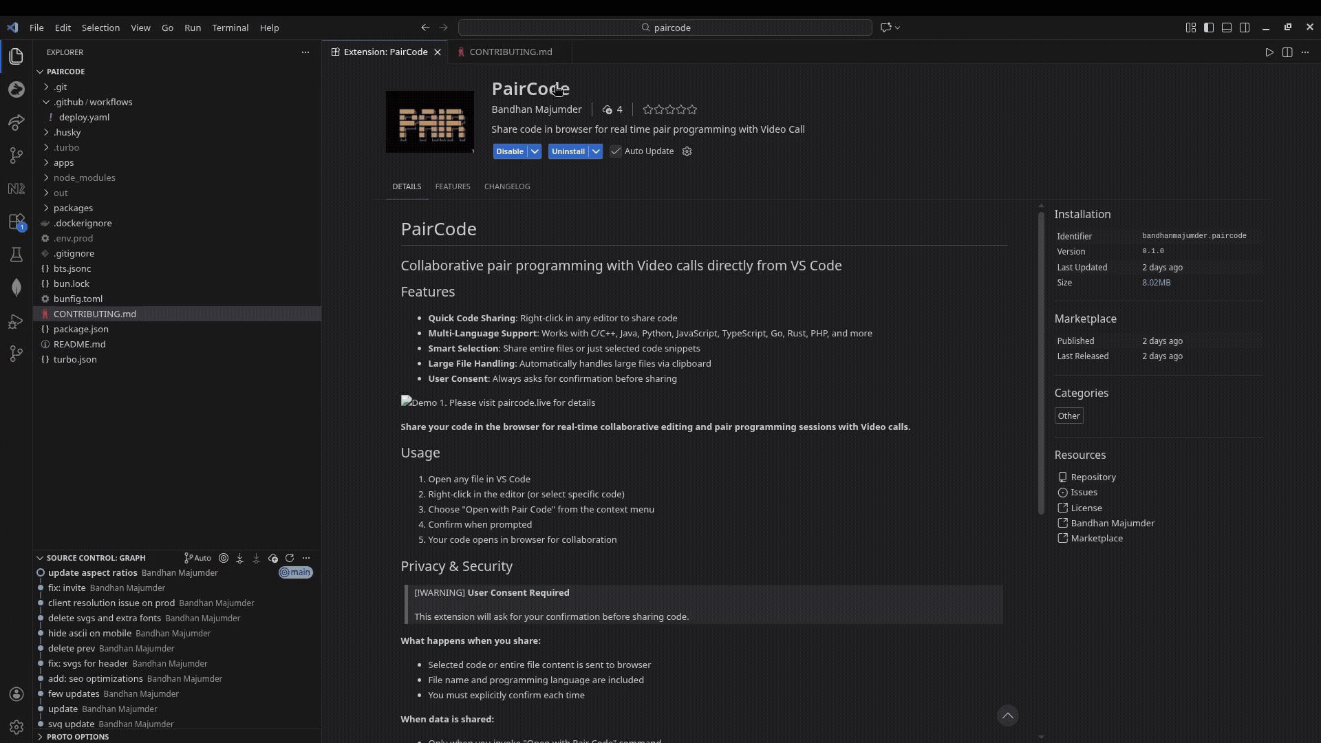 Demo 1. Please visit paircode.live/vscode-extension for details