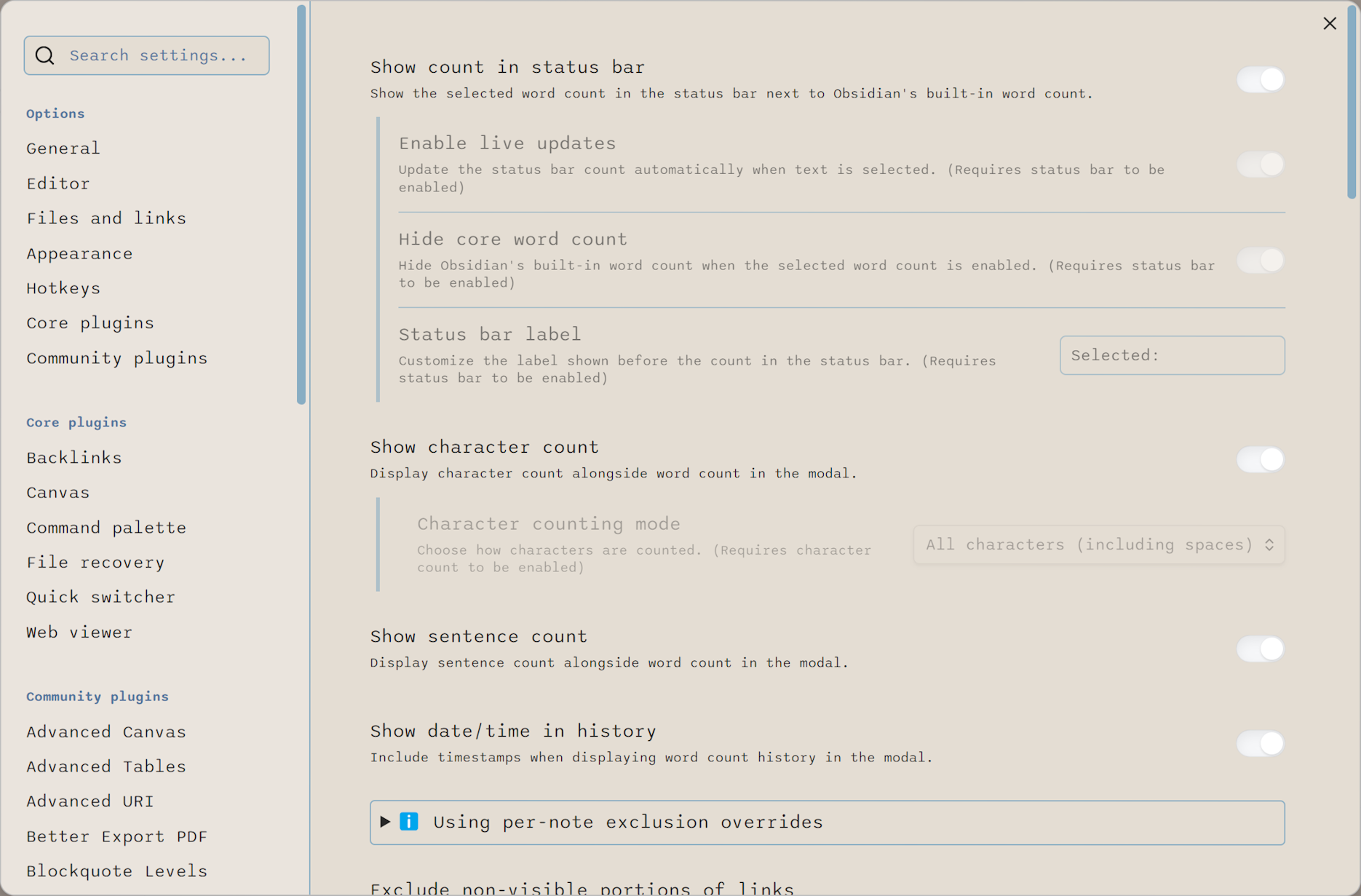 Screenshot of the Custom Selected Word Count plugin's settings interface, displaying Status bar and Modal configuration options