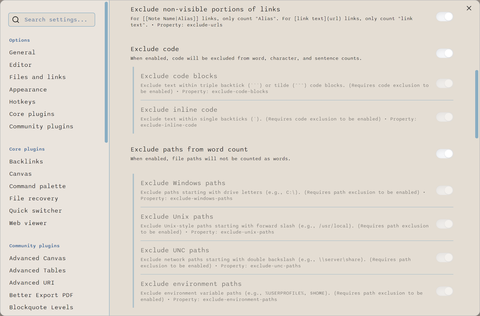 Screenshot of plugin settings for excluding code, code blocks, inline code, and various file path types