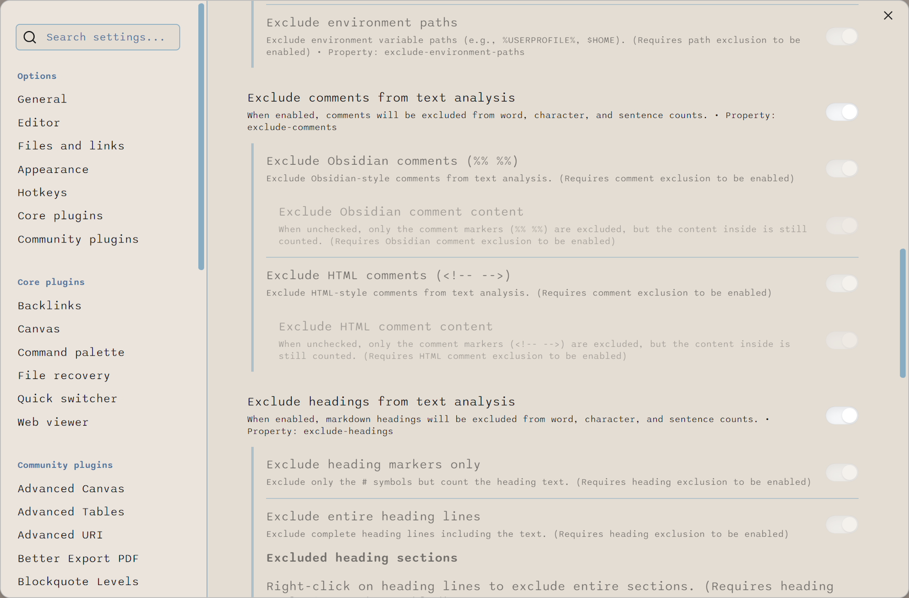 Screenshot of plugin settings for excluding Obsidian and HTML comments, and various heading options