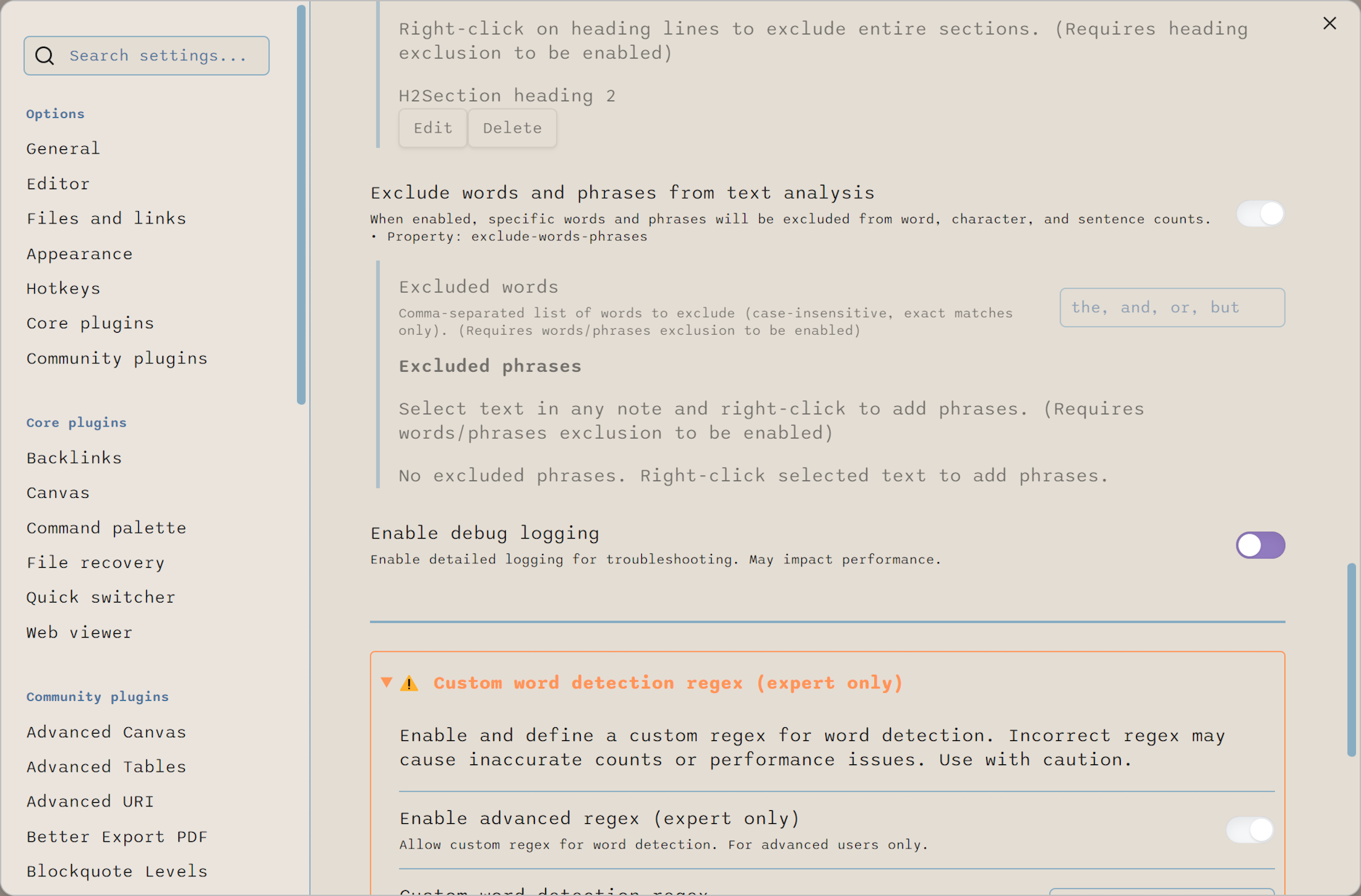 Screenshot of plugin settings for excluding specific words and phrases, logging levels, and the start of custom word detection regex