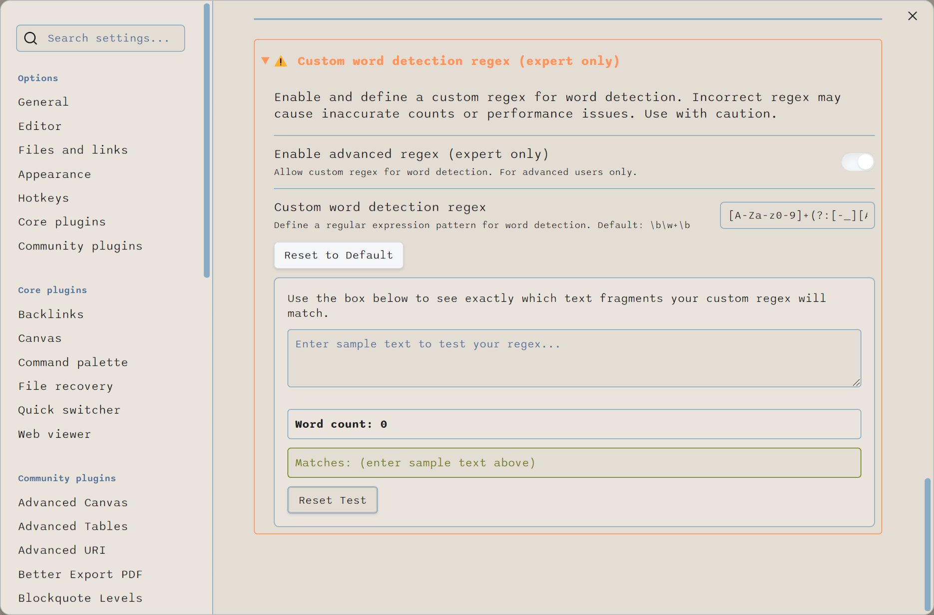 Screenshot of plugin settings continuing the custom word detection regex configuration