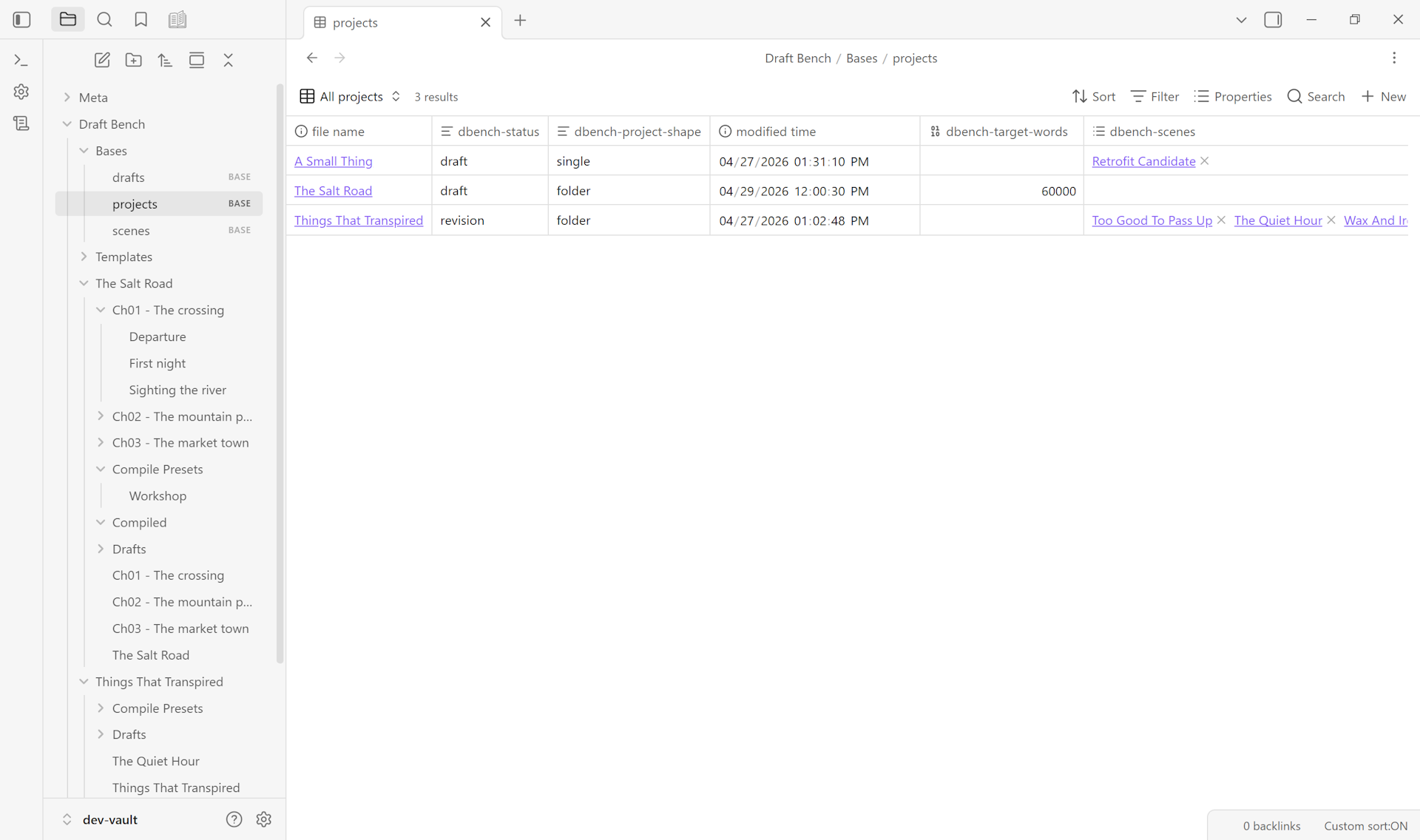 A starter Bases view in Draft Bench showing the projects table — title, status, scene count, target word count, and progress bar columns — populated with three example projects.
