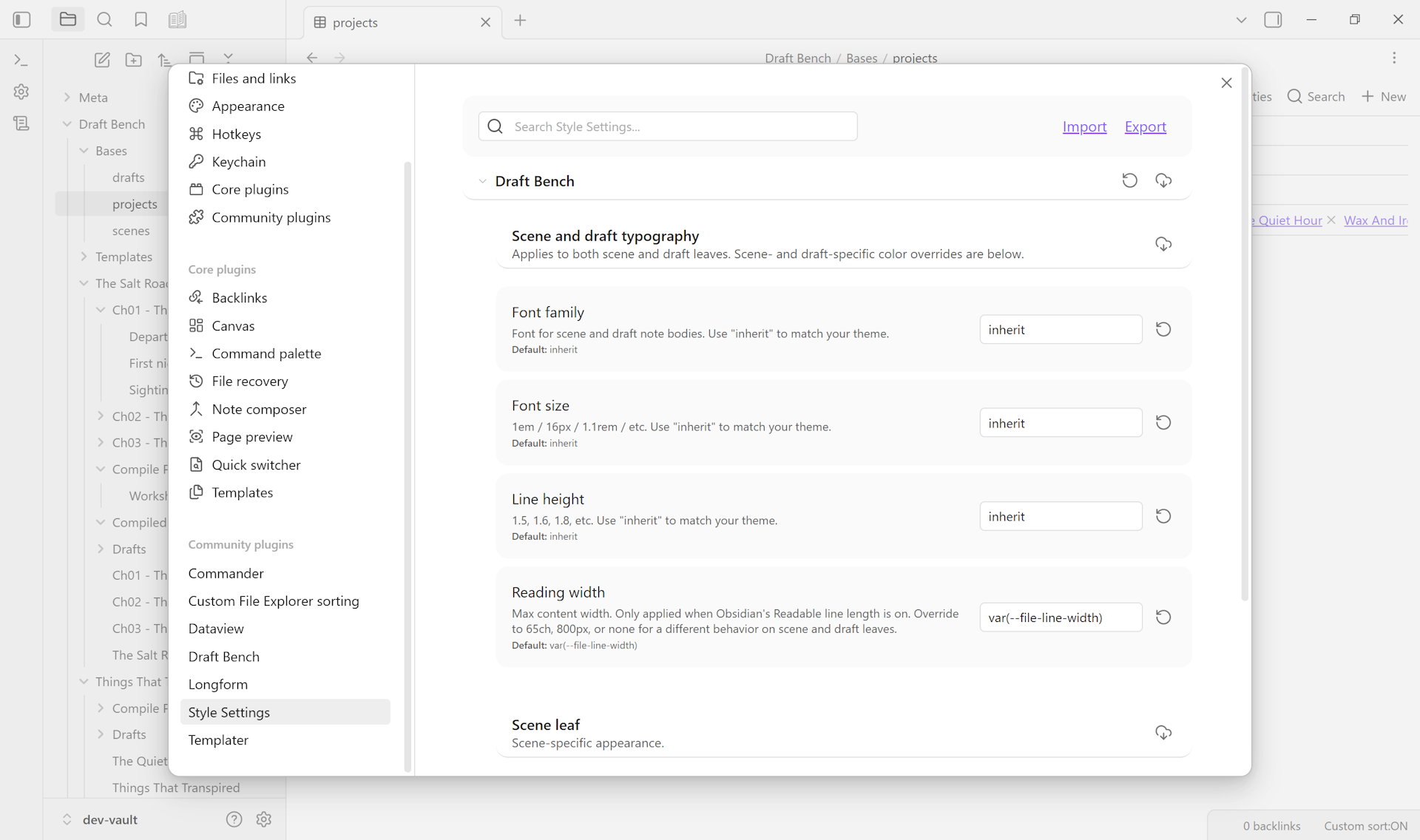The Style Settings panel in Obsidian, showing the Draft Bench section expanded with sliders and color pickers for scene-leaf typography (font family, size, line height, max width) and draft-leaf archival cue (border, background, text color).