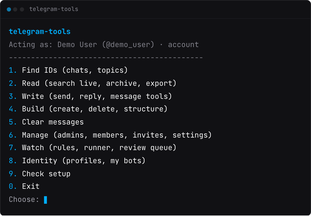 The telegram-tools menu: 1 Find IDs, 2 Read, 3 Write, 4 Build, 5 Clear messages, 6 Manage, 7 Watch, 8 Identity, 9 Check setup, 0 Exit