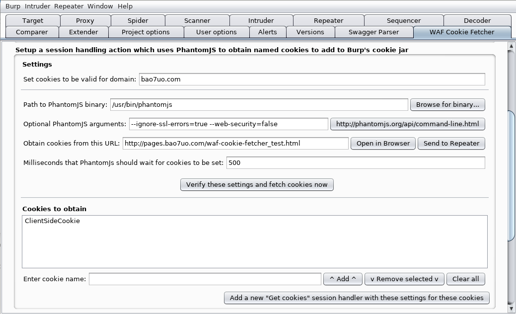 WAF Cookie Fetcher settings screenshot